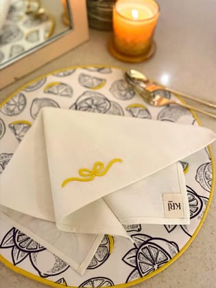 KRI India The Minimalist Set of 6 Bow Table Napkins | White with yellow embroidery | 16x16 inches | Wash & Care | 100% Cotton | Handcrafted in India. 100% organic & natural. KRI India The Minimalist Set of 6 Bow Table Napkins | White with yellow embroidery | 16x16 inches | Wash & Care | 100% Cotton | Handcrafted in India. 100% organic & natural.