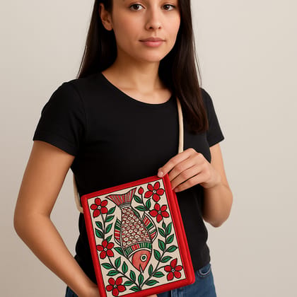 Hand-Painted Fish Motif Sling Bag - Artistic & Unique