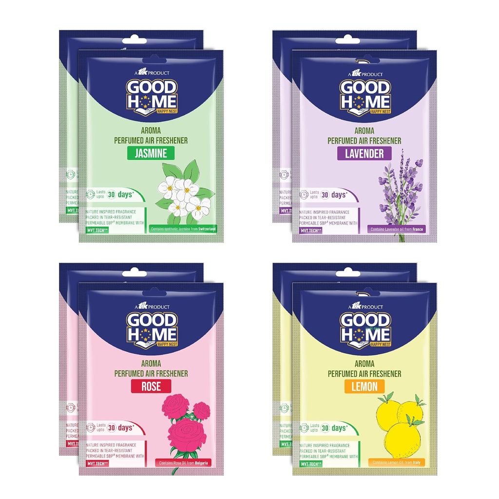 Good Home Aroma Perfumed Air Freshener Assorted Fragrance of Citrus, Rose, Jasmine, Lavender | For Bathroom, Car & Wardrobe | Lasts Up to 30 days (pack of 8)80Gg - Fresheners and Repellents | Buy online on ZillyBuy