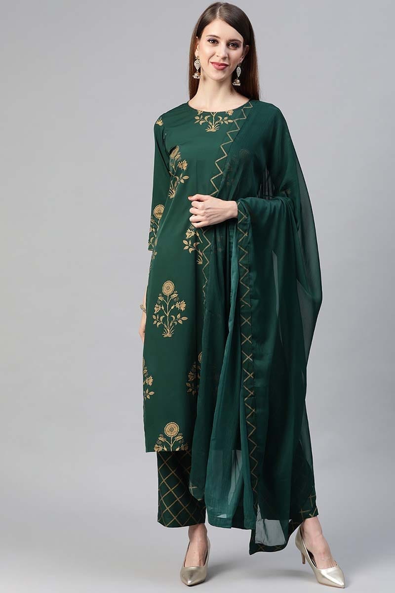 Green Polyester Ethnic Motifs Straight Suit Set PKSKD1040