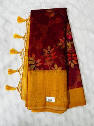 Maroon Saree with Floral Pattern and Gold Border