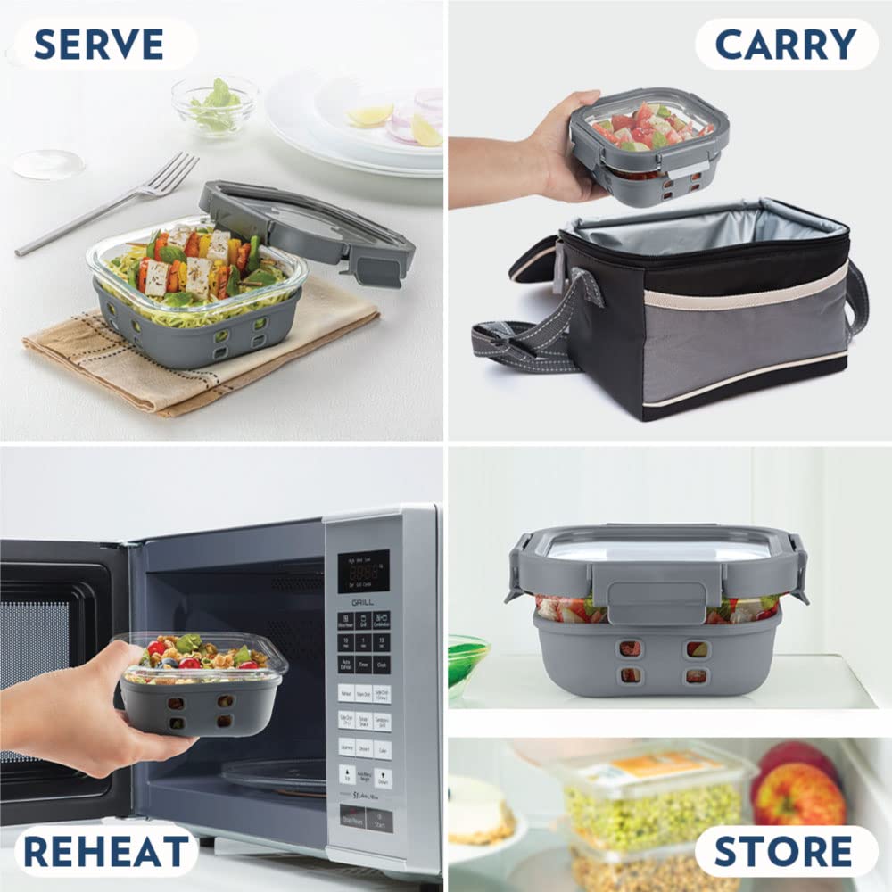 Borosil Klip N Store Plus 800 ml Square Glass Food Storage Container with Air Tight Glass Lid | Transparent