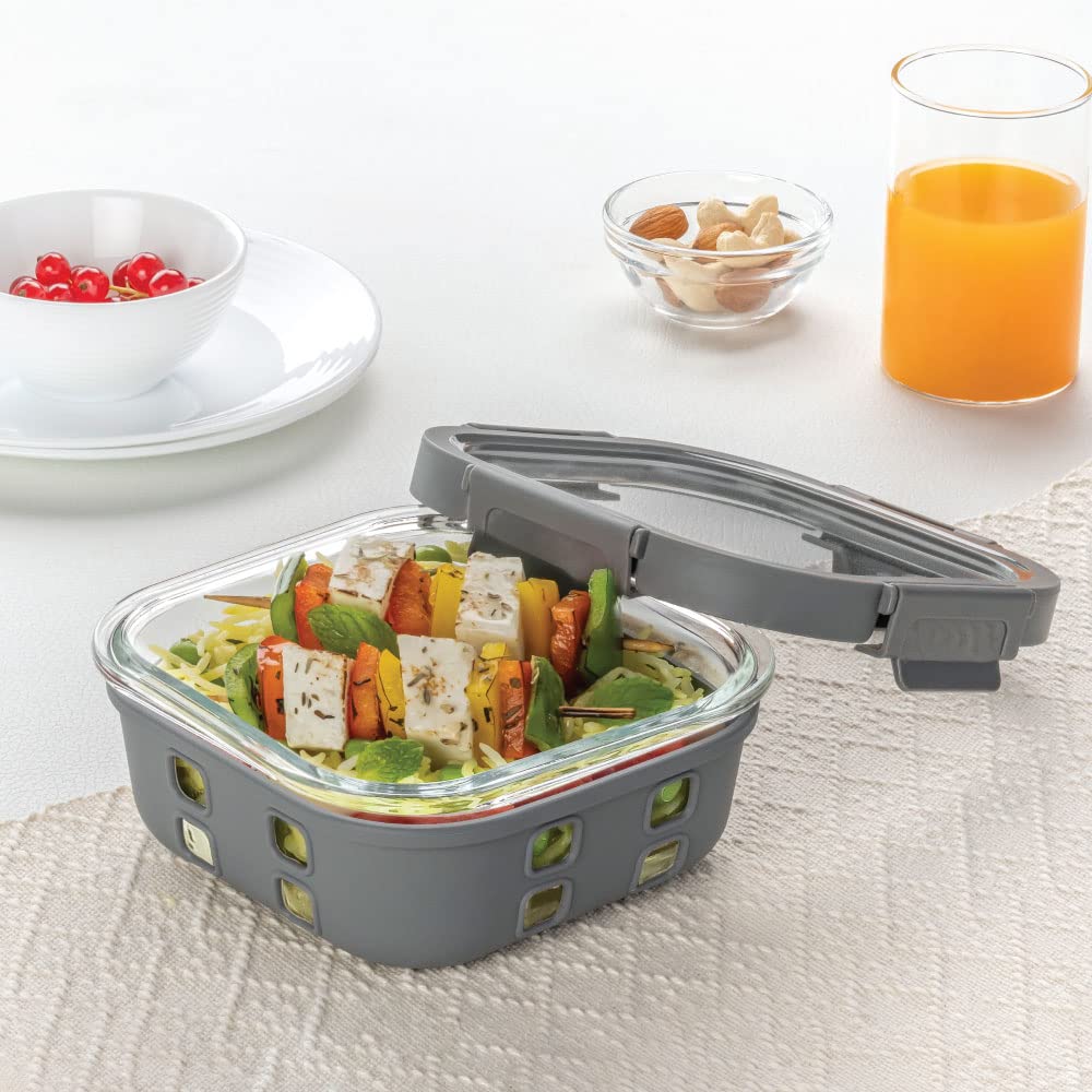 Borosil Klip N Store Plus 800 ml Square Glass Food Storage Container with Air Tight Glass Lid | Transparent