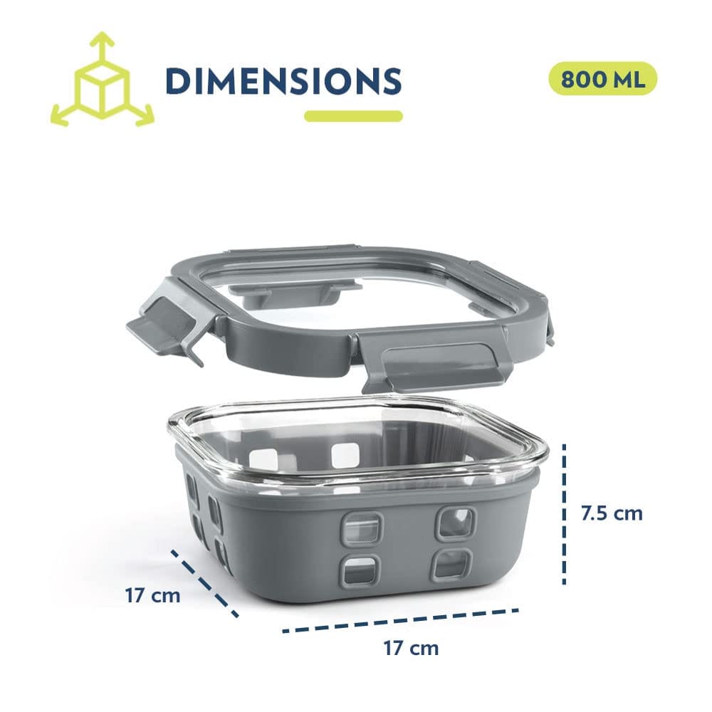 Borosil Klip N Store Plus 800 ml Square Glass Food Storage Container with Air Tight Glass Lid | Transparent