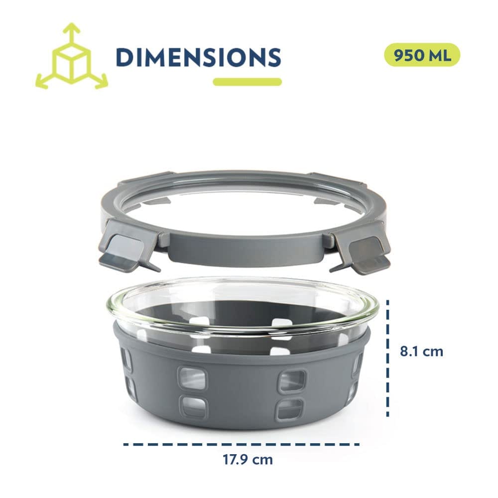 Borosil Klip N Store Plus 950 ml Round Glass Food Storage Container with Air Tight Glass Lid | Transparent