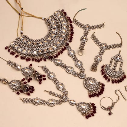 Maroon Color Kundan Dulhan Set (BDL261MRN)-Adjustable Rope / Maroon / Alloy With Good Quality Mehandi Gold Plated