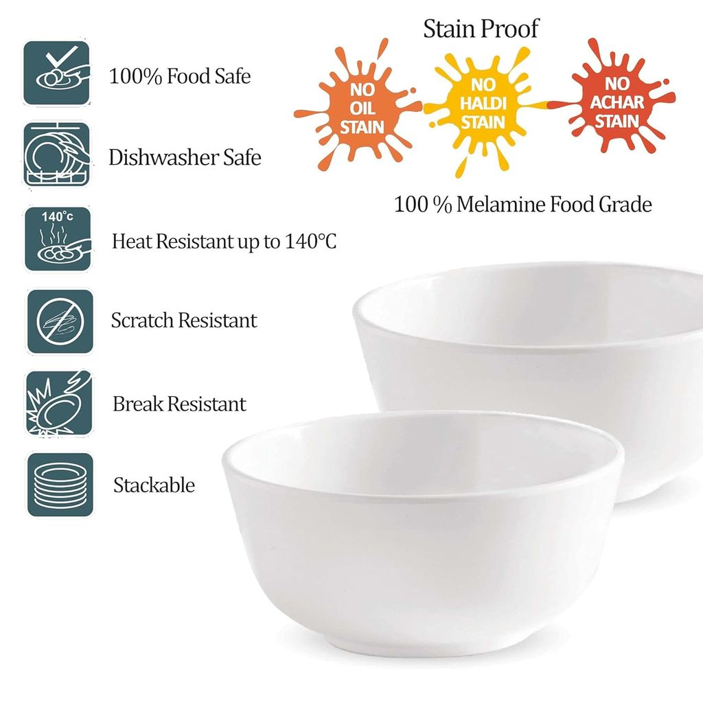 Milton Lissome Veg Soup Melamine Bowl Set of 6, (4") 240 ml Each, White | Easy to Clean | Durable Veg Bowl | Break Resistant