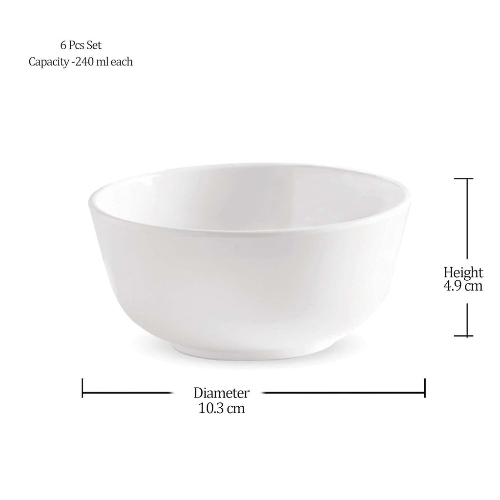 Milton Lissome Veg Soup Melamine Bowl Set of 6, (4") 240 ml Each, White | Easy to Clean | Durable Veg Bowl | Break Resistant