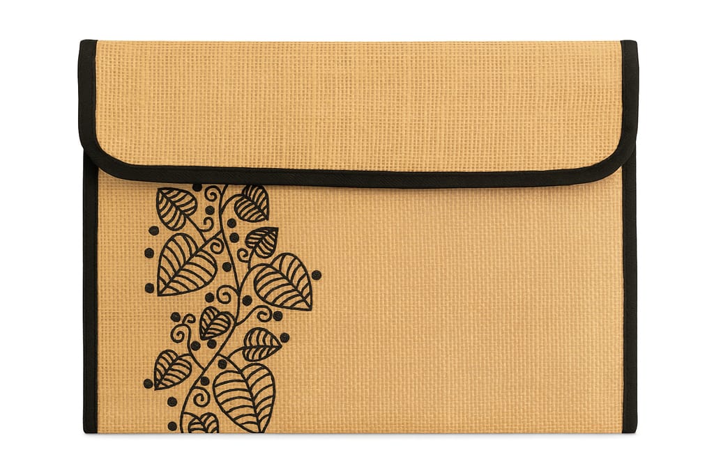Handcrafted Jute Document Pouch with Leaf Motif