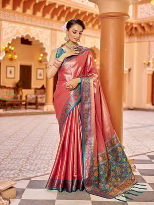 Peach Zari Tissue Solid Banarasi Silk Woven Jacquard Work Designer Saree