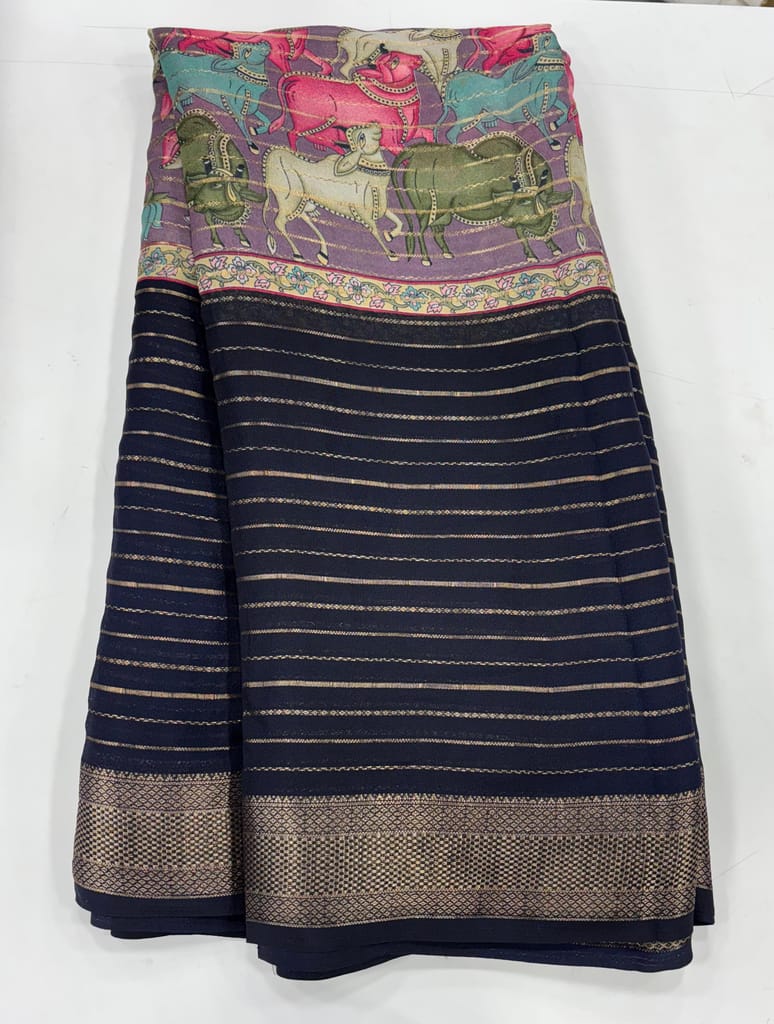 Black Saree with Traditional Motif and Golden Border