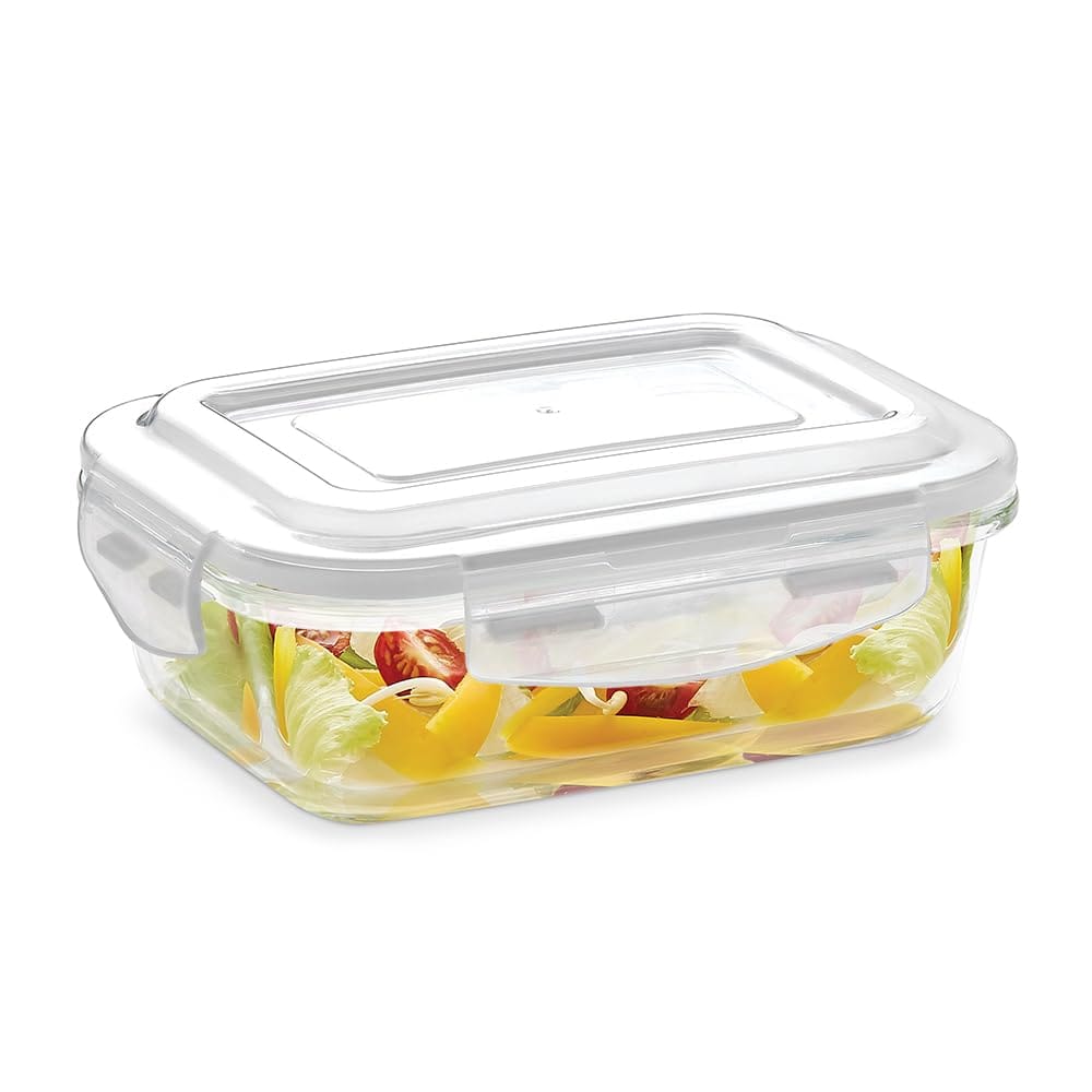 Borosil Klip N Store Glass Storage Container For Kitchen With Air-Tight Lid, Microwave & Oven Safe, Round, 400 ml, Clear