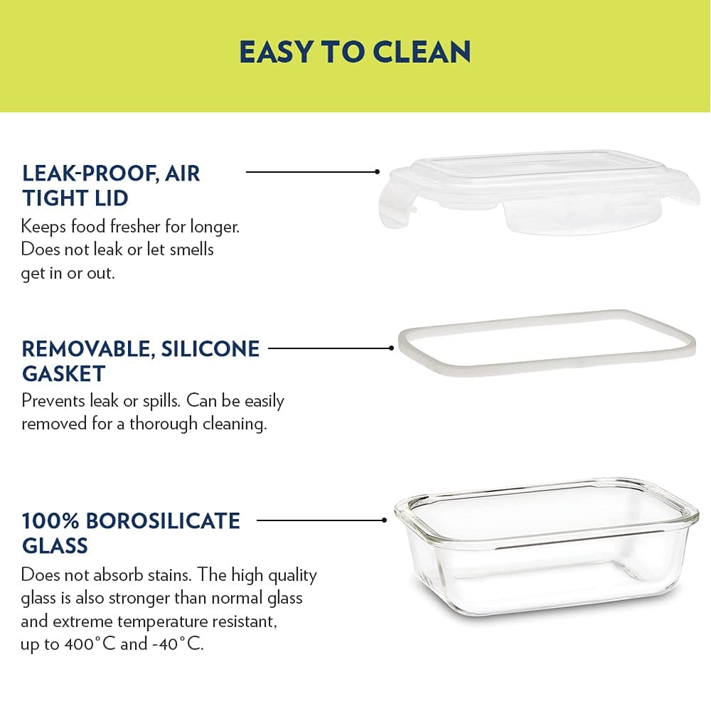 Borosil Klip N Store Glass Storage Container For Kitchen With Air-Tight Lid, Microwave & Oven Safe, Round, 400 ml, Clear