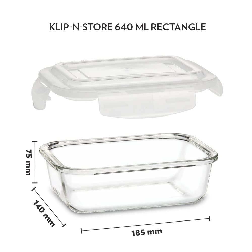 Borosil Klip N Store Glass Storage Container For Kitchen With Air-Tight Lid, Microwave & Oven Safe, Round, 400 ml, Clear