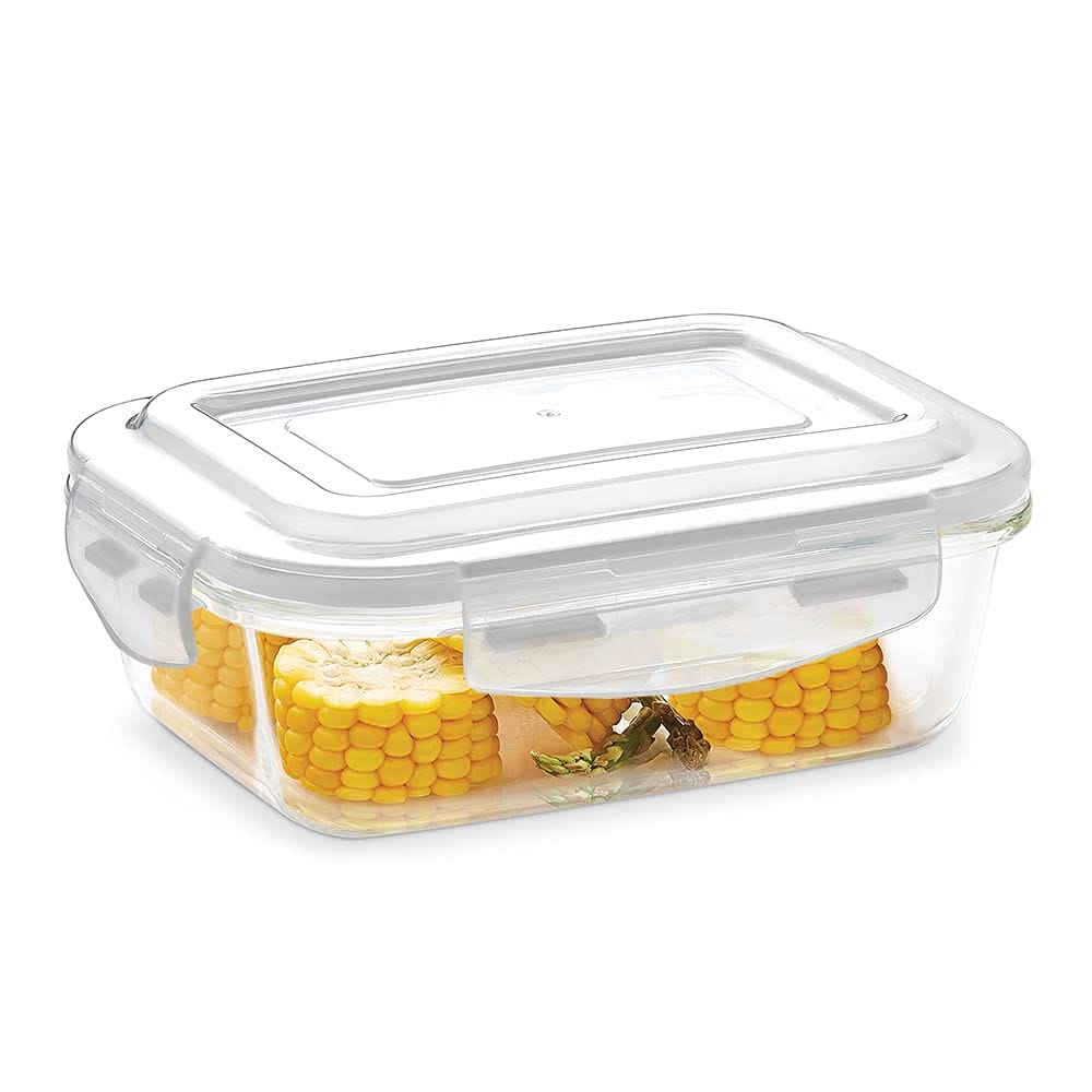 Borosil Klip N Store Glass Storage Container For Kitchen With Air-Tight Lid, Microwave & Oven Safe, Round, 400 ml, Clear
