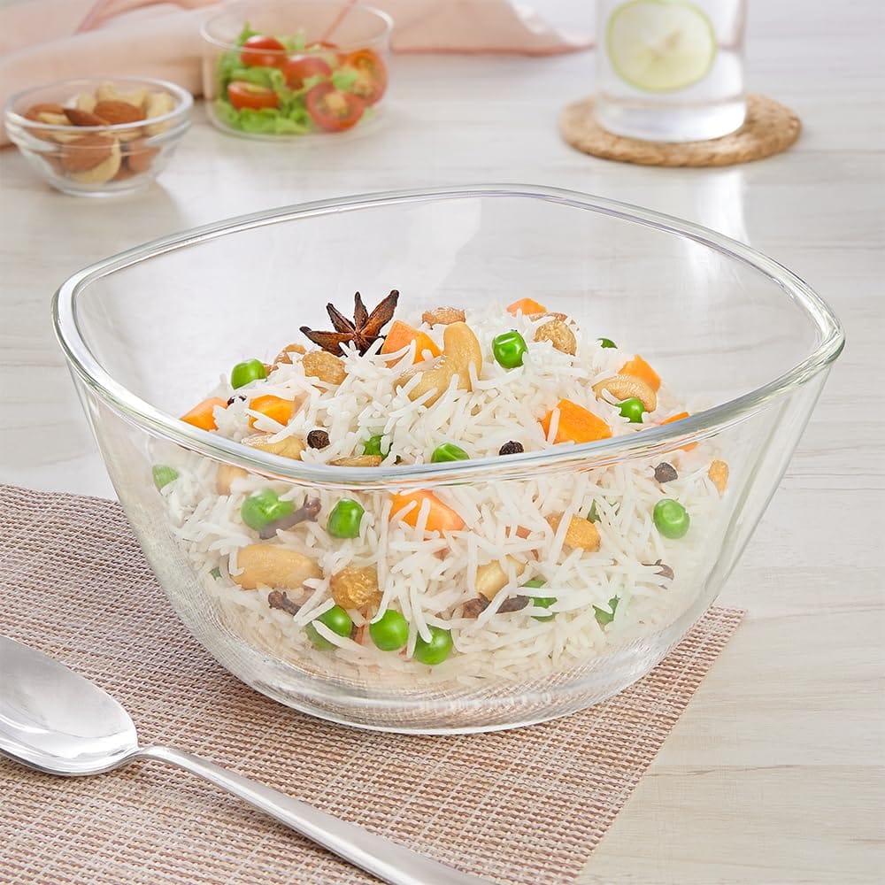 Borosil Square Shape Serving & Mixing Bowl | Borosilicate Glass Bowl for Kitchen & Dinning | Bowl for Mixing Dough, Salad, Batter | Microwave & Dishwasher Safe | Transparent