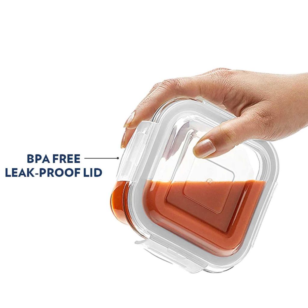Borosil Klip N Store Glass Storage Container For Kitchen With Air-Tight Lid, Microwave & Oven Safe, Square, 1 L, Clear