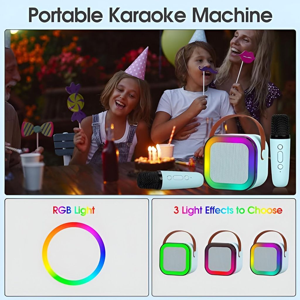 K12 Karaoke Speaker for Kids Adults, Mini Portable Bluetooth Speaker with Wireless Mic & Dynamic Lights Birthday Gift for Girls, Boys & Toddlers Ages (Multi Colour)