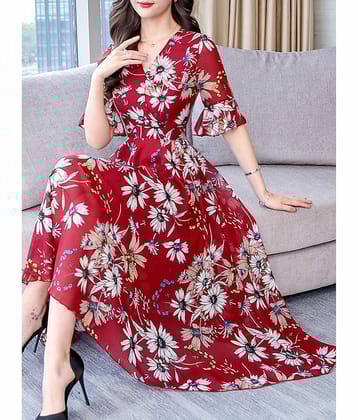 Raabta Fashion Women Georgette Printed Fit & Flare Dress ( Red )