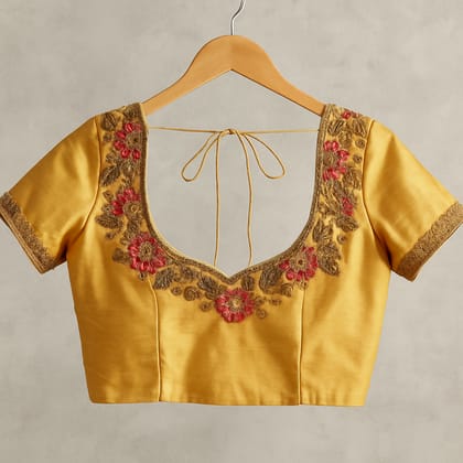 Mustard Yellow Silk Embroidered Saree Blouse