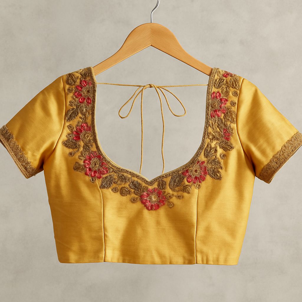 Mustard Yellow Silk Embroidered Saree Blouse