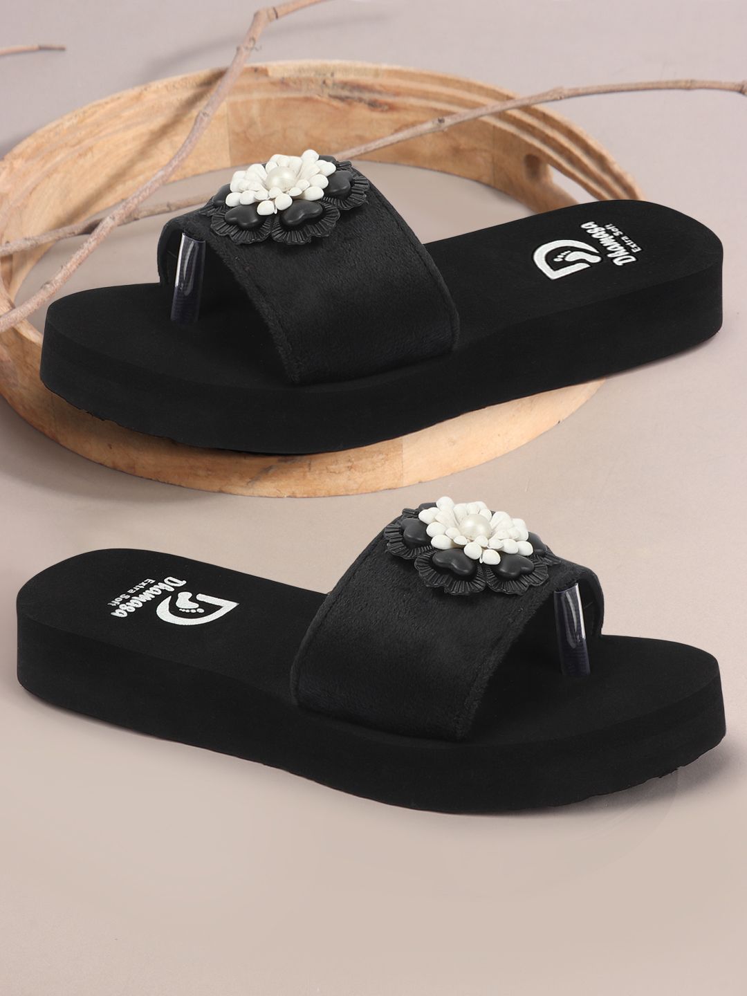 Trendy Women Dhamasa Doctor Sole Black Platform Slippers with Black & White Floral Design 2025 a