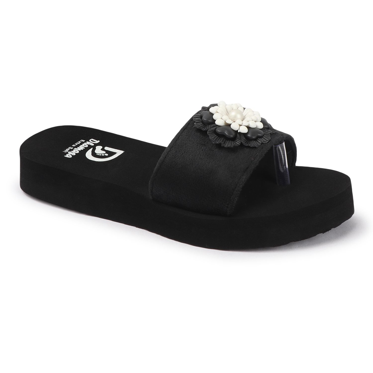 Trendy Women Dhamasa Doctor Sole Black Platform Slippers with Black & White Floral Design 2025 a