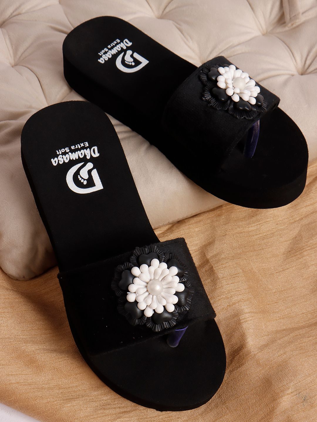 Trendy Women Dhamasa Doctor Sole Black Platform Slippers with Black & White Floral Design 2025 a