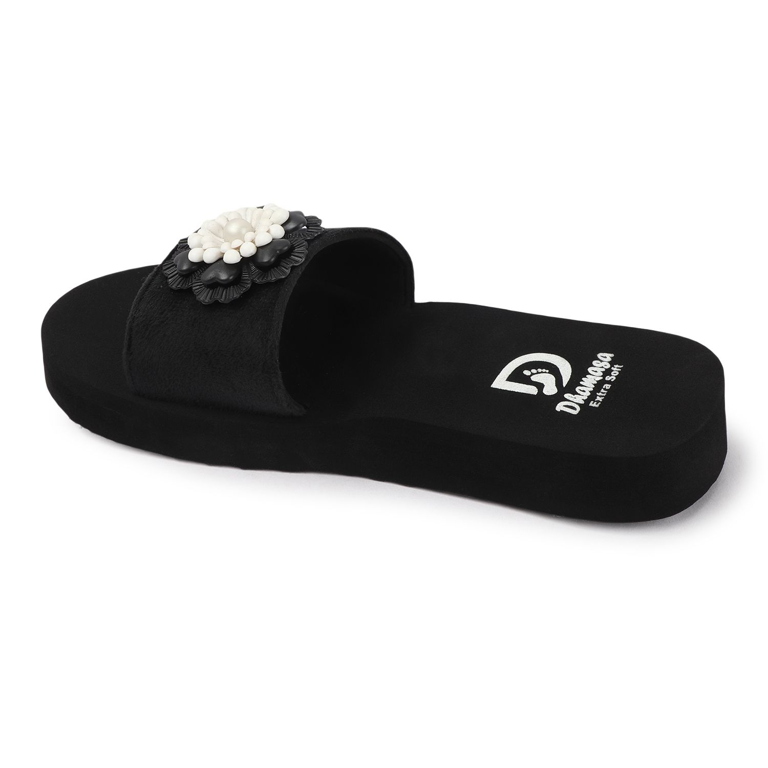 Trendy Women Dhamasa Doctor Sole Black Platform Slippers with Black & White Floral Design 2025 a