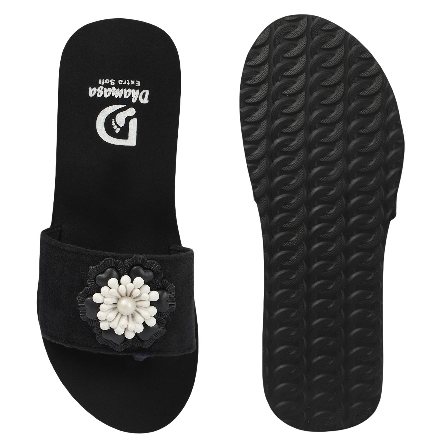 Trendy Women Dhamasa Doctor Sole Black Platform Slippers with Black & White Floral Design 2025 a
