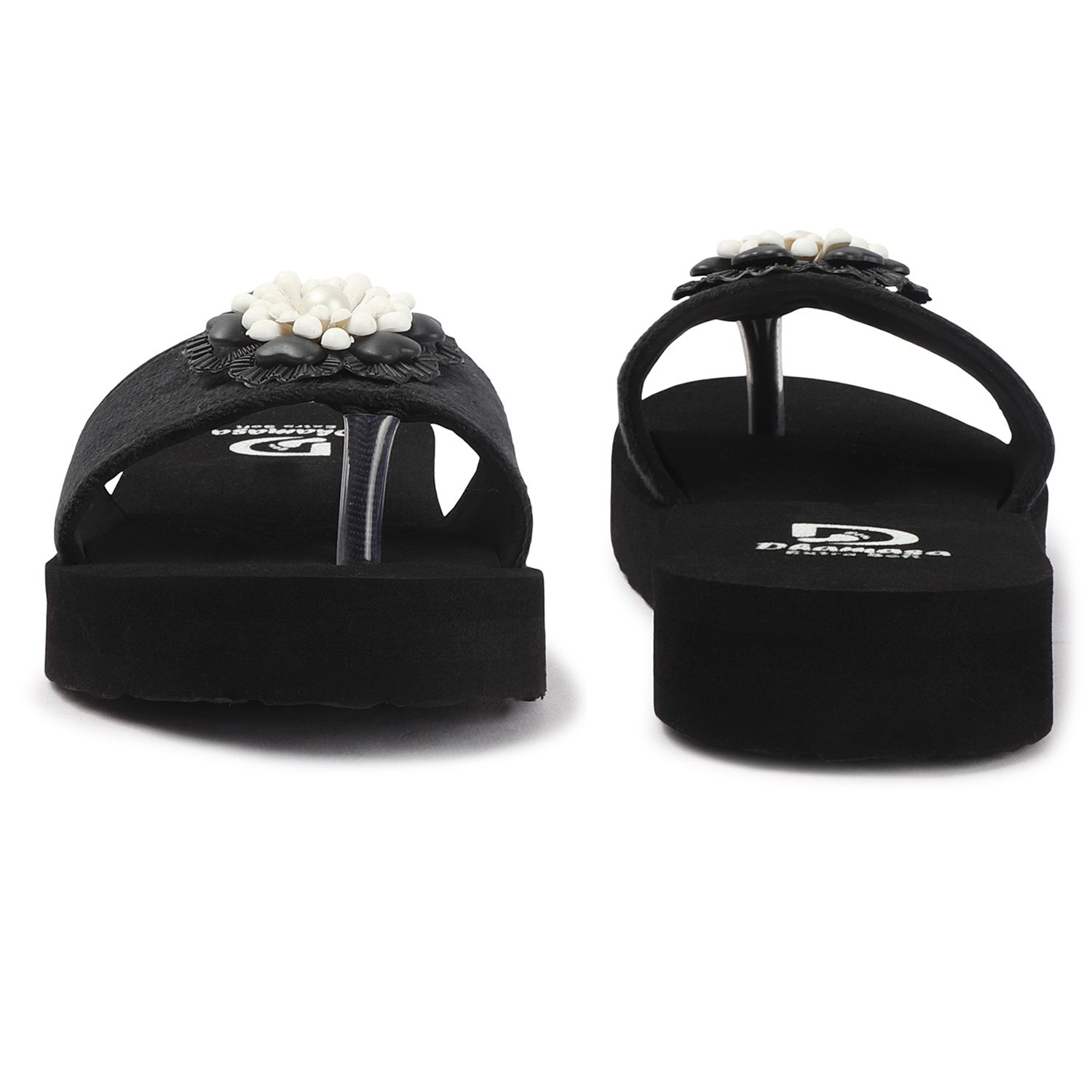 Trendy Women Dhamasa Doctor Sole Black Platform Slippers with Black & White Floral Design 2025 a