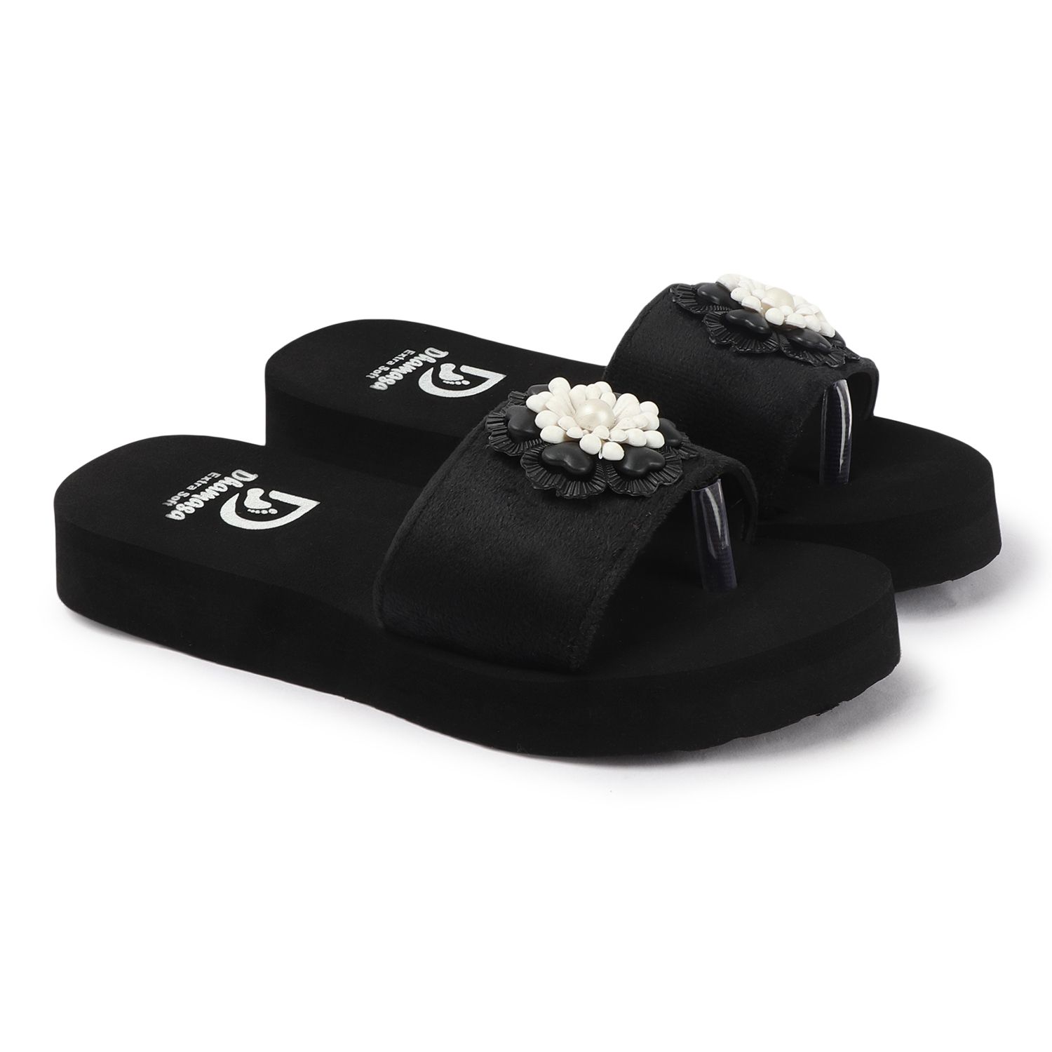 Trendy Women Dhamasa Doctor Sole Black Platform Slippers with Black & White Floral Design 2025 a