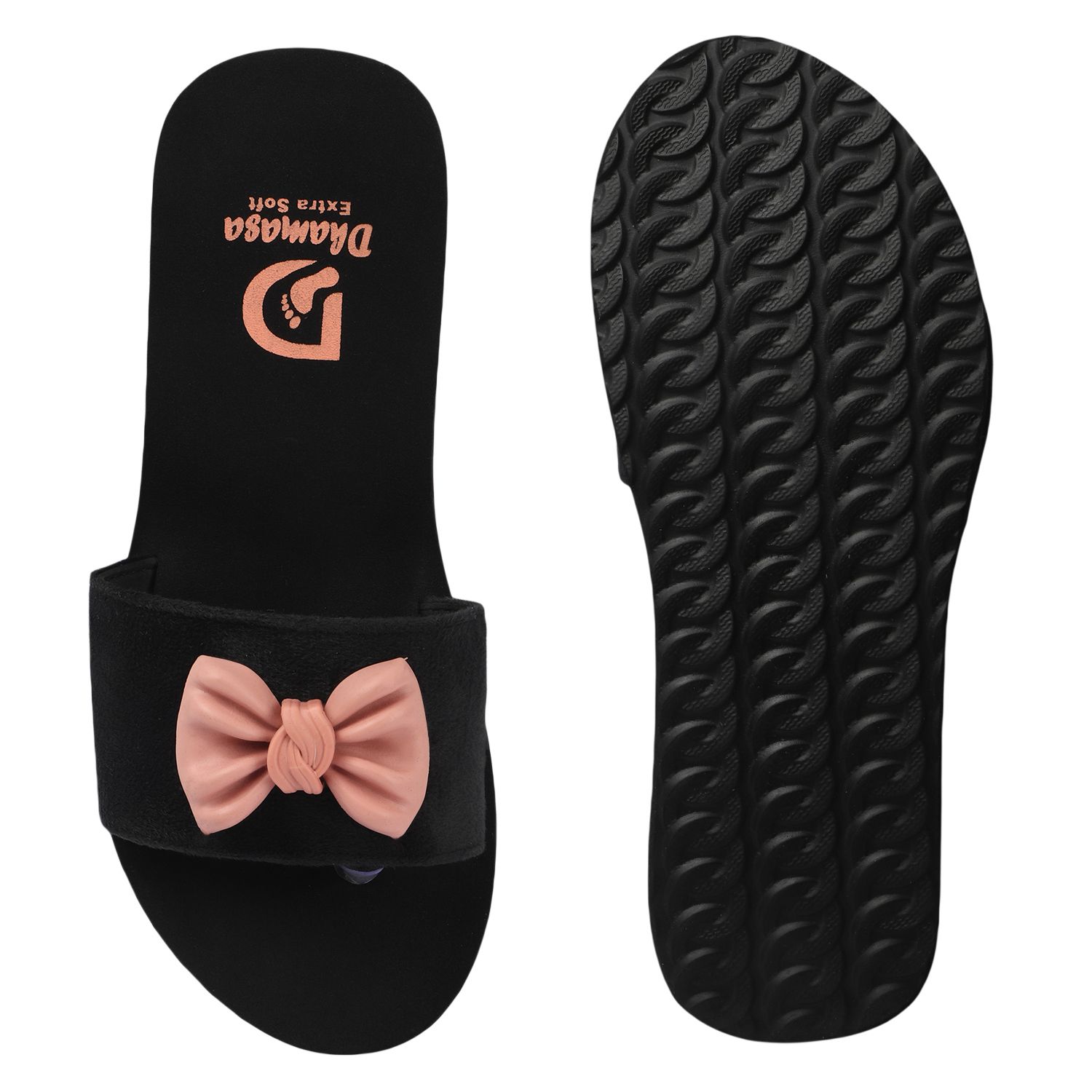 Sophisticated Women Dhamasa Women's Black Slide Slippers with Pink Bow - Elegant & Comfortable F