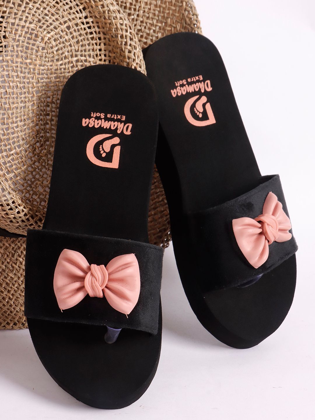 Sophisticated Women Dhamasa Women's Black Slide Slippers with Pink Bow - Elegant & Comfortable F
