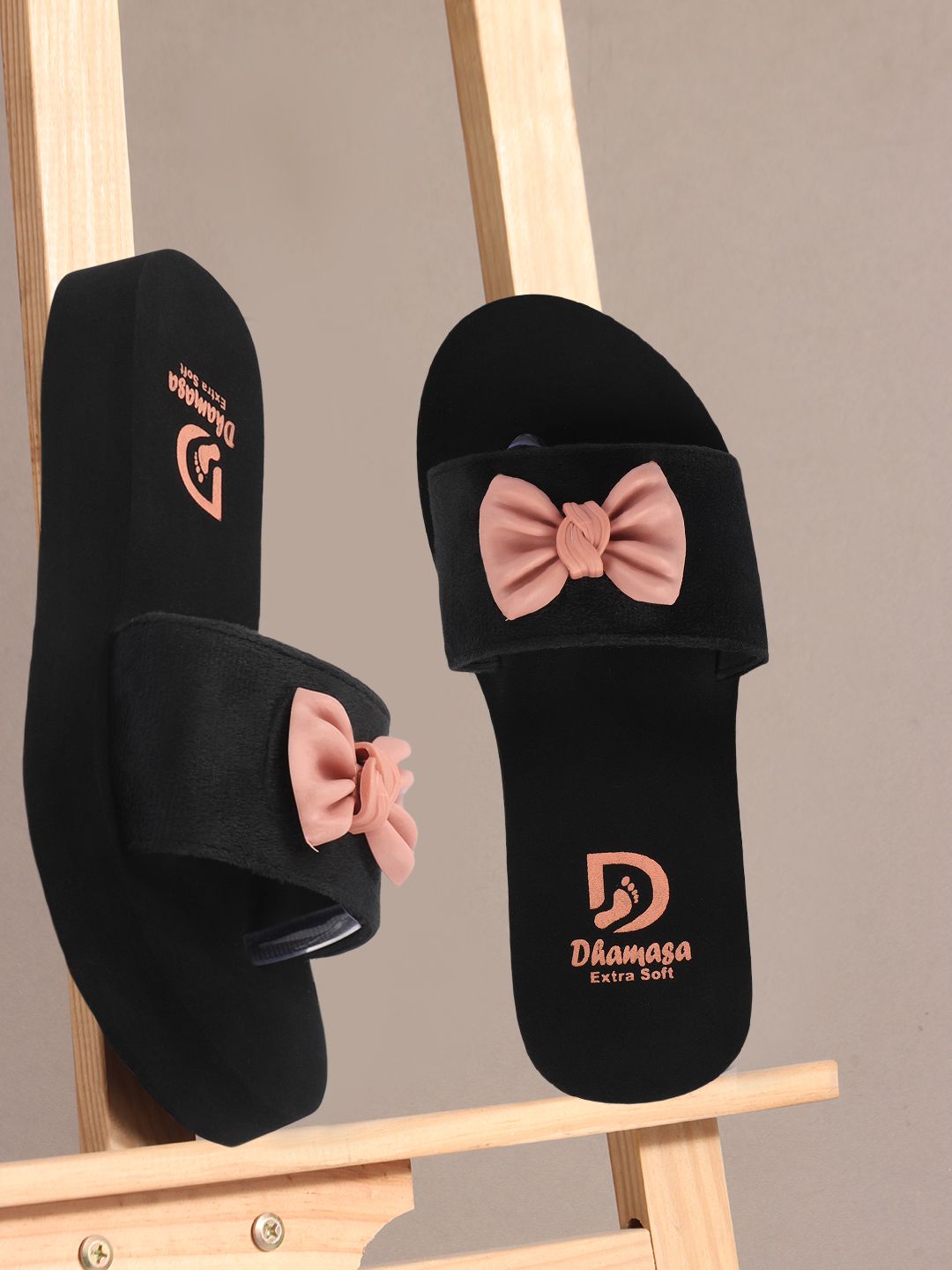 Sophisticated Women Dhamasa Women's Black Slide Slippers with Pink Bow - Elegant & Comfortable F