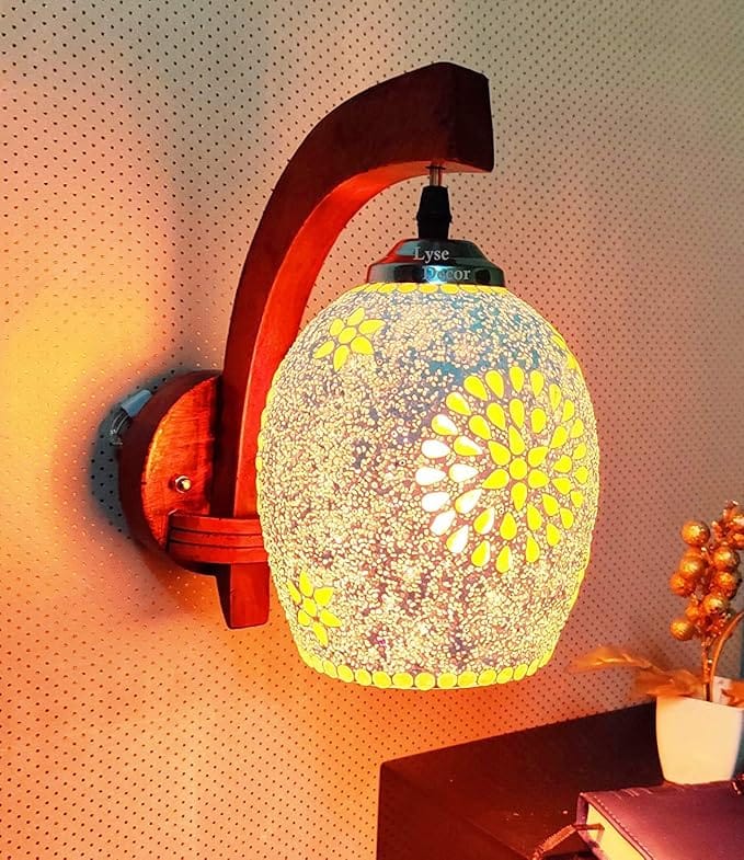 Handcrafted Glass & Wooded Decorative Wall Hanging Light for Living Room, Downside Wall Lamp for Bedroom & Mirror