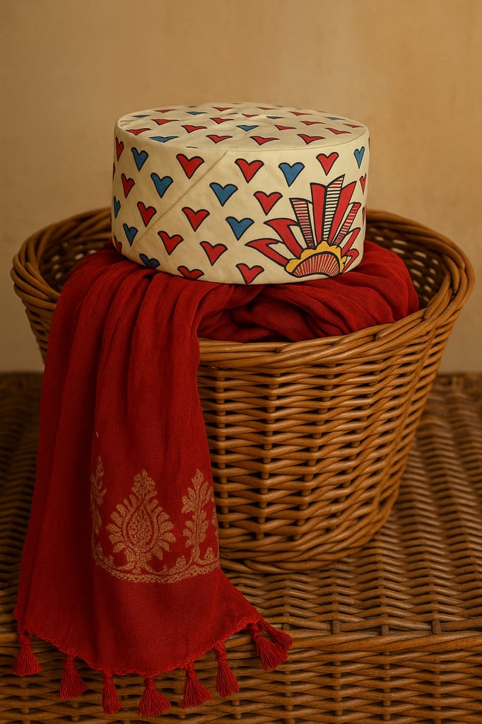 Handcrafted Decorative Hat Box – Red & Blue Heart Pattern with Sunburst Design
