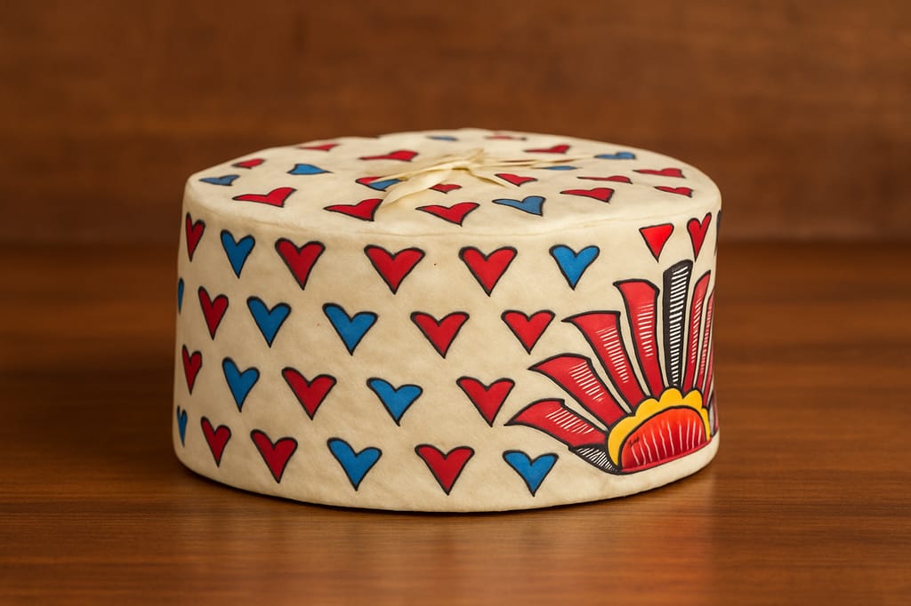 Handcrafted Decorative Hat Box – Red & Blue Heart Pattern with Sunburst Design