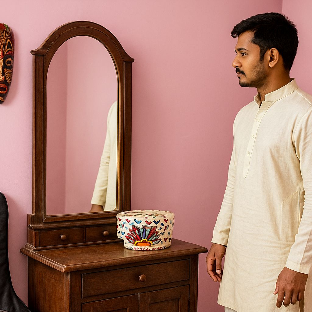 Handcrafted Decorative Hat Box – Red & Blue Heart Pattern with Sunburst Design