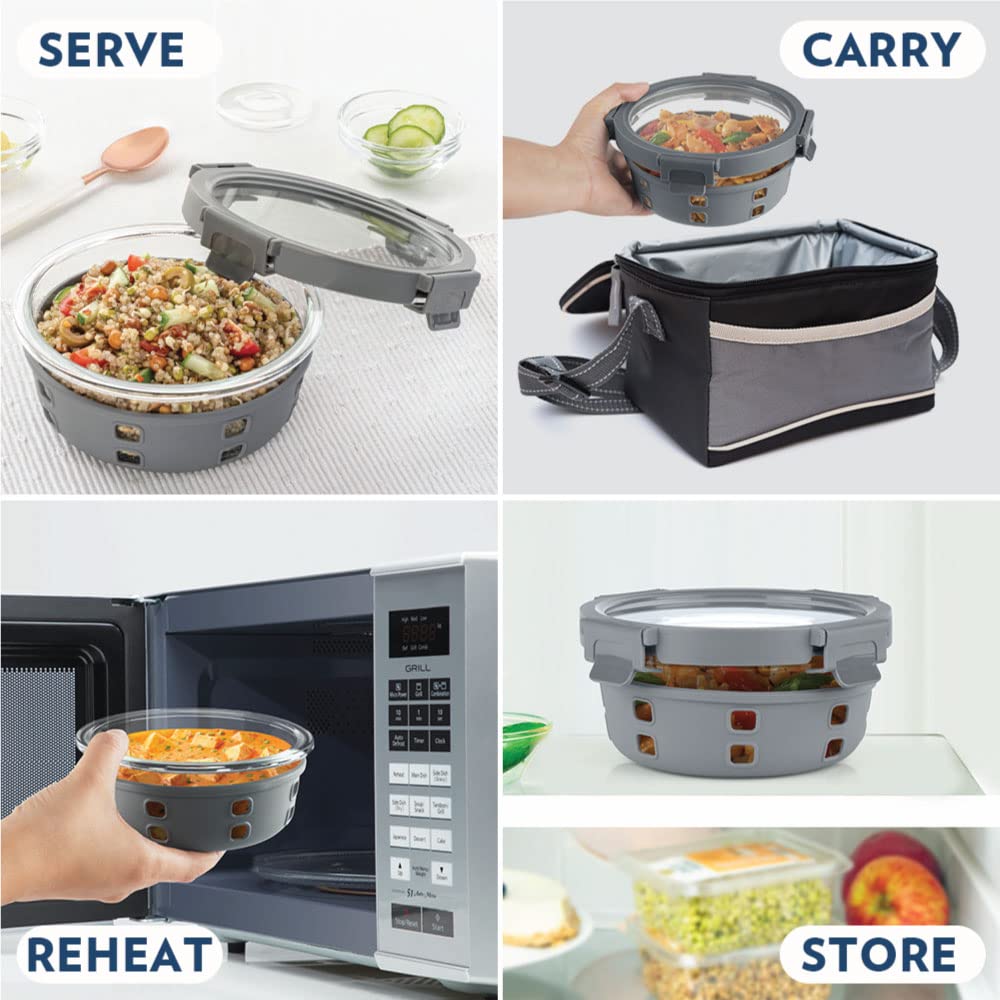 Borosil Klip Plus Airtight Glass Food Storage Containers with Locking Lids, Leakproof and BPA-Free, Perfect for Meal Prep and Leftovers