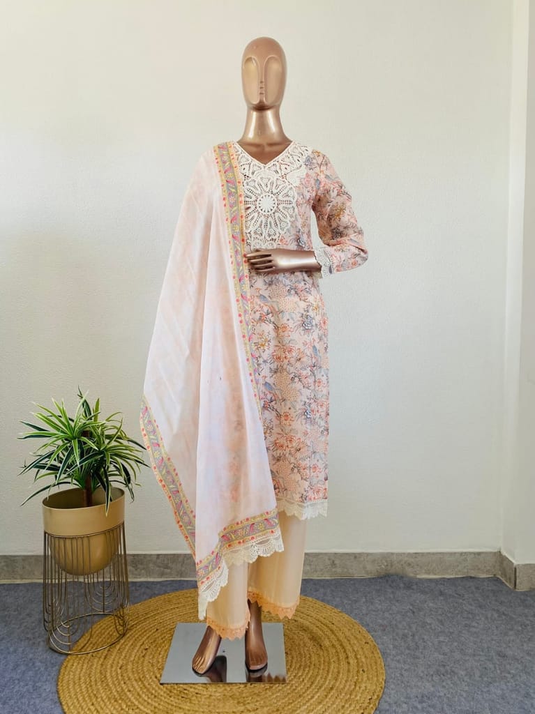 Floral Printed Pakistani Suit Set with Lace Details