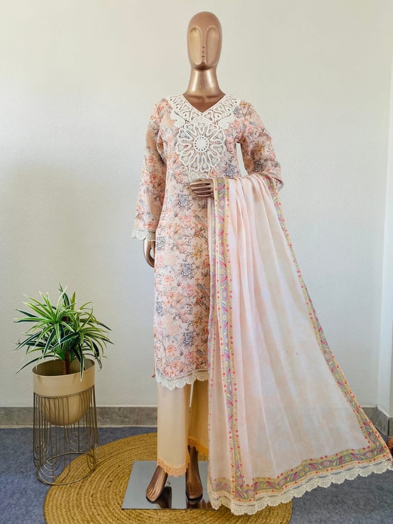 Floral Printed Pakistani Suit Set with Lace Details