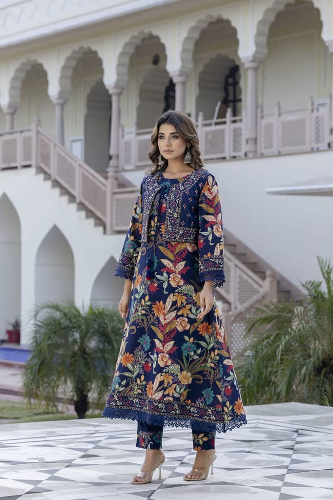 Navy Blue Floral Embroidered Suit Set
