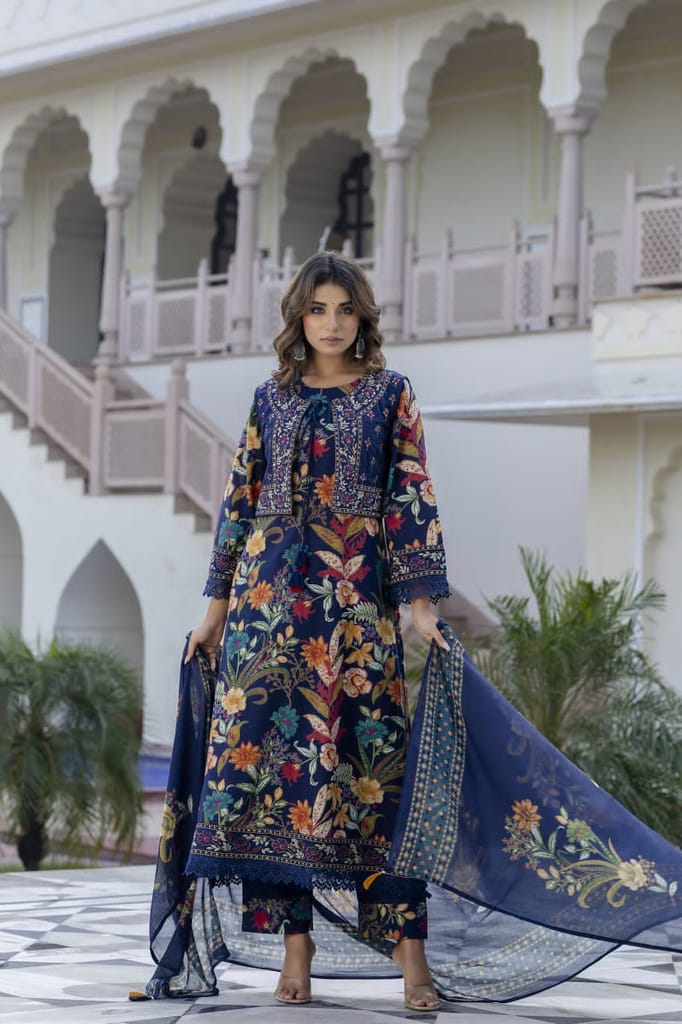 Navy Blue Floral Embroidered Suit Set