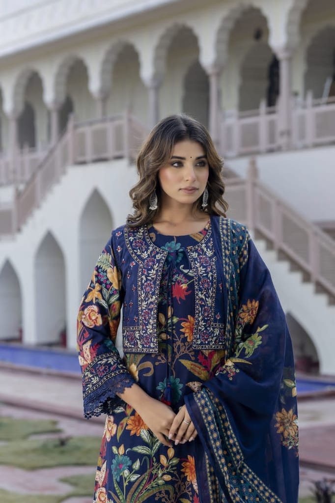 Navy Blue Floral Embroidered Suit Set