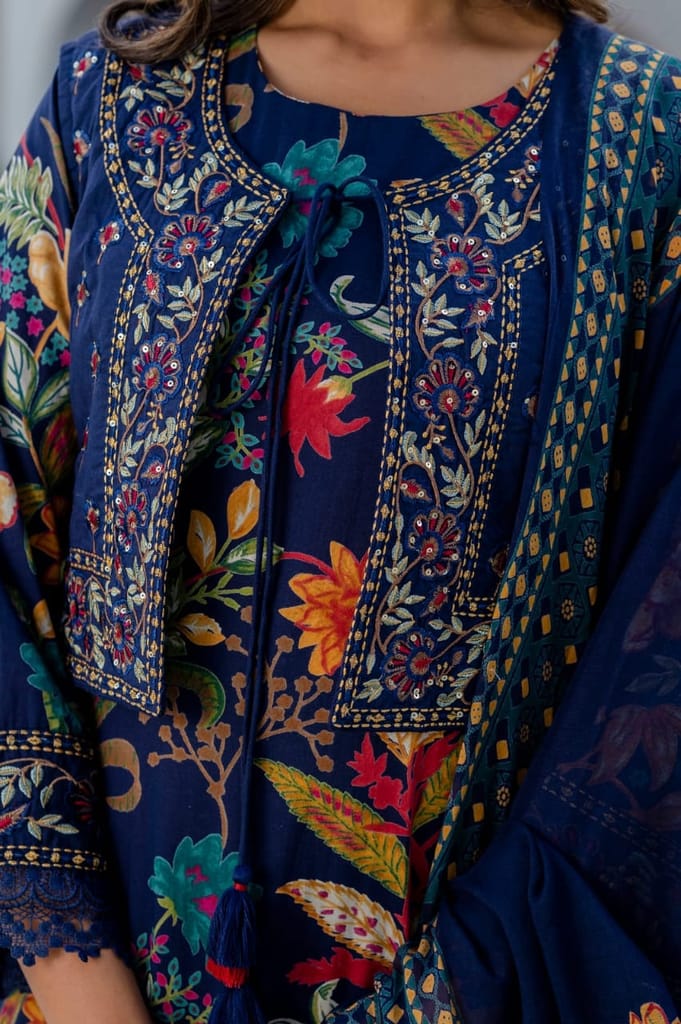 Navy Blue Floral Embroidered Suit Set