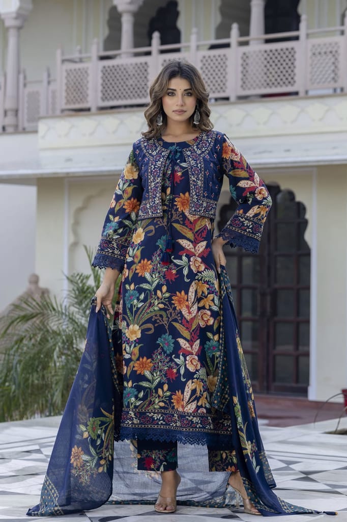 Navy Blue Floral Embroidered Suit Set