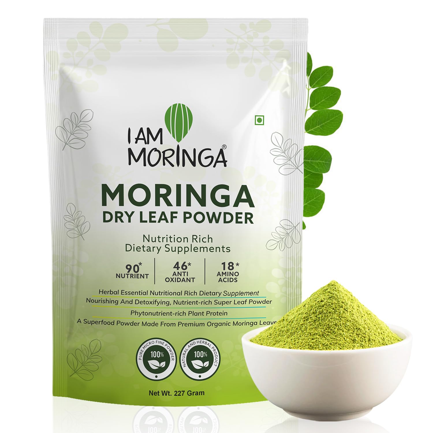 I AM MORINGA | Moringa Dry Leaf Powder, 90+ Nutrients, 46+ Anti-Oxidants, 18 Amino Acids-227gm