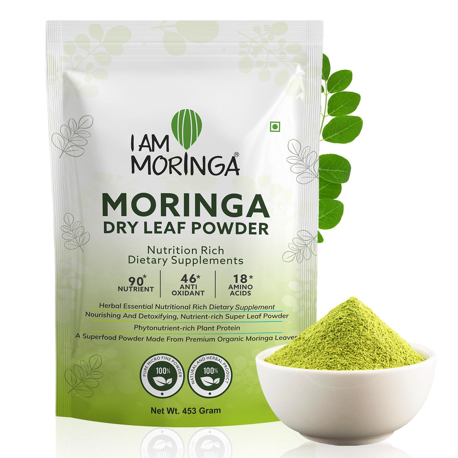 I AM MORINGA | Moringa Dry Leaf Powder, 90+ Nutrients, 46+ Anti-Oxidants, 18 Amino Acids-227gm