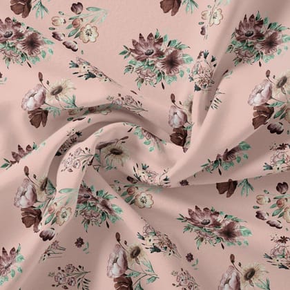 Multi Flower Bunch And Linear Leafs Digital Printed Fabric - Japan Satin